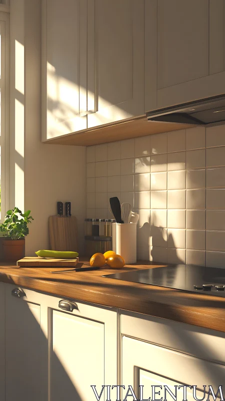 Sunlit kitchen worktop shows utensils, produce and tiled wall