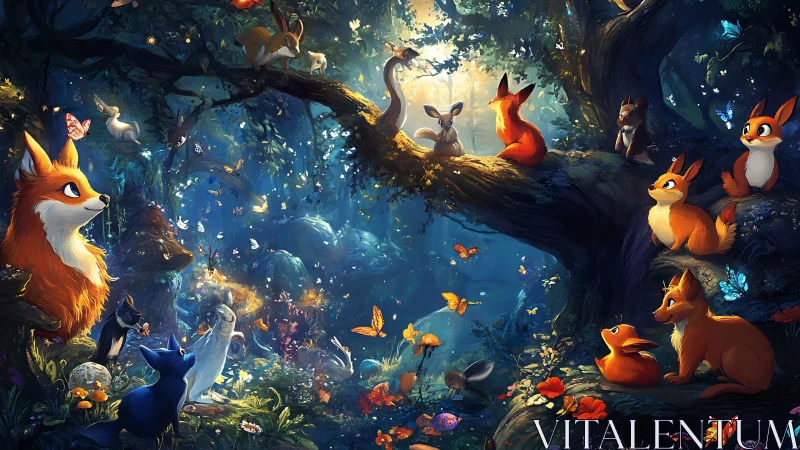 Enchanted forest fox conclave under glowing twilight canopy.