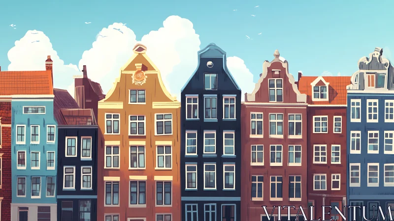 Stylized canal houses with Dutch gables under clear atmospheric sky