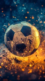Thermally charged soccer ball amid particulate combustion field.