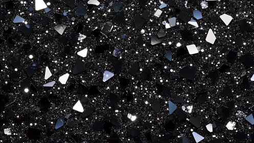 Starlit black confetti shards glow like a fractured galaxy.