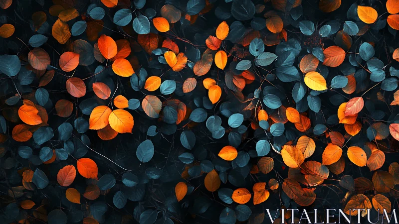 Ember-bright autumn leaves swirling through midnight foliage.