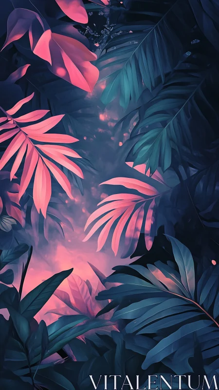 Neon jungle foliage with glowing misty forest core.
