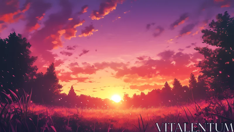 Vivid sunset over grassy field and silhouetted treeline.