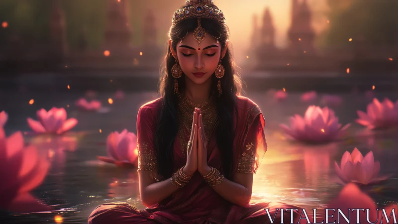 Serene woman meditating in lotus pond under warm volumetric light