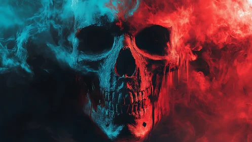 Bilateral neon skull dissolves into cyan and red vapor fields
