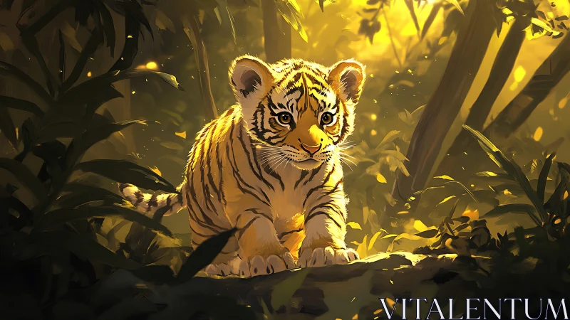 Tiger cub walking through sunlit jungle undergrowth.