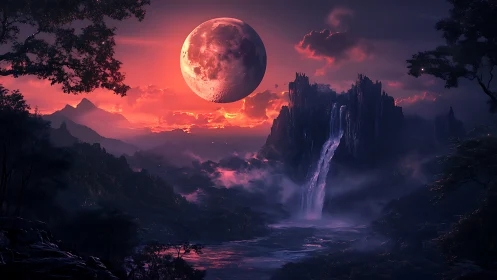 Fantasy landscape with blood moon and cascading falls at dusk.