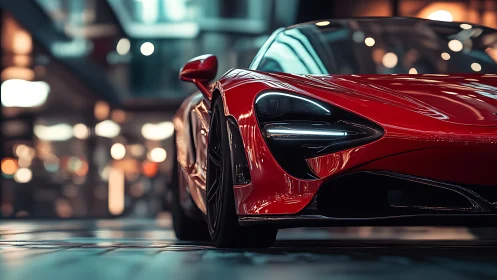 Midnight city lights gliding over a glossy red supercar.