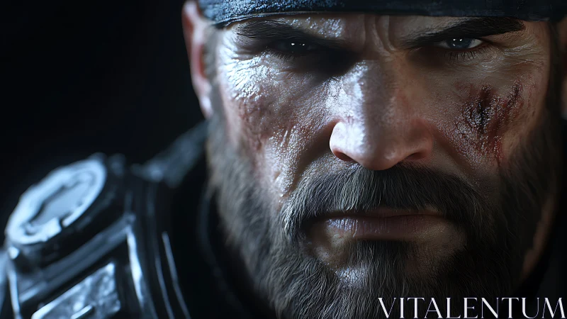 Weathered warrior’s steady gaze under battleworn armor.