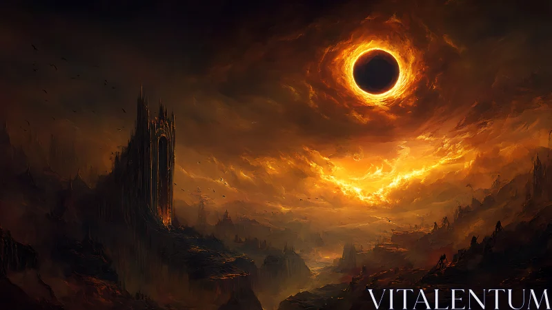 Burning eclipse over dark fortress in fiery wasteland.