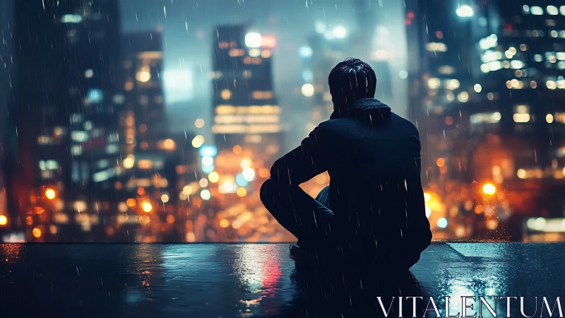 Quiet rainy rooftop pause above the glowing city lights.