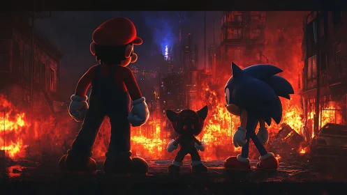 Iconic game characters observe burning urban ruins at night