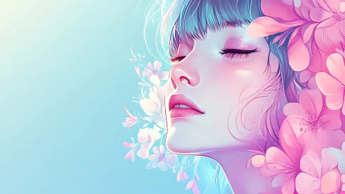 Softly dreaming girl rests amid glowing pastel blossoms