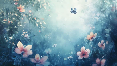 Ethereal Garden in Turquoise: Luminous Flowers and Butterfly Dance.