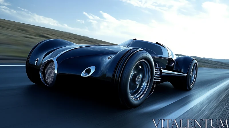 Futuristic black concept car cuts across desert highway at speed.