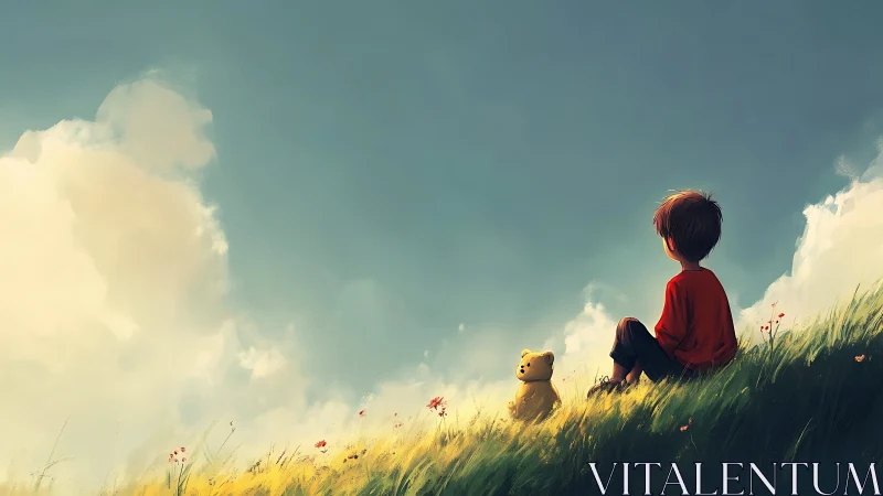 Backlit child and teddy on grassy slope under expansive sky
