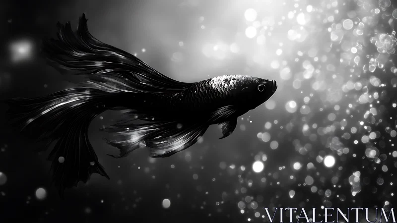 Monochrome betta fish glides through abstract bokeh currents