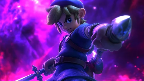 Cosmic swordsman lunges through neon starlit vortex. Period.