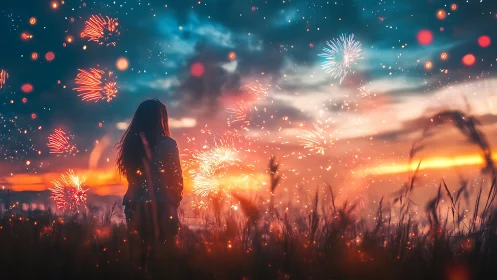Silhouetted figure observes fireworks over luminous sunset field