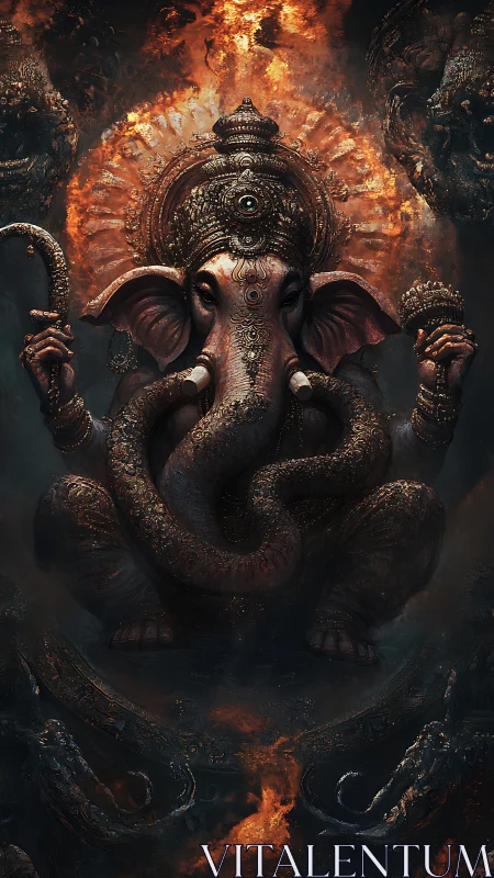 Flaming celestial Ganesha idol in ornate bronze relief.