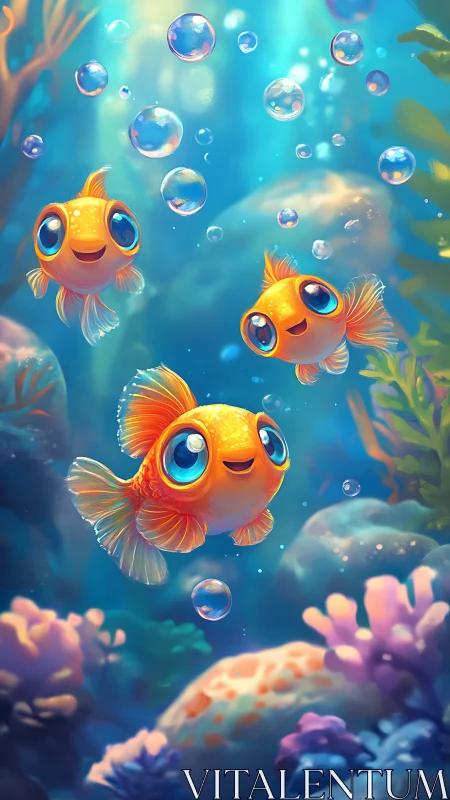 Playful goldfish friends exploring a dreamy coral playground.