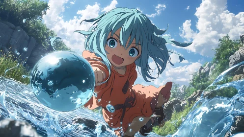 Anime child reaches toward reflective water sphere in stream