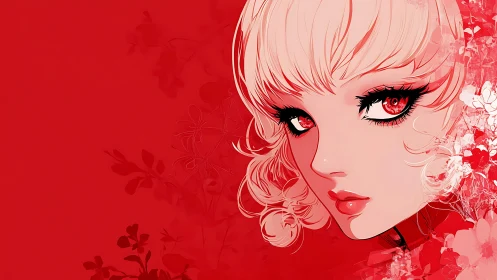 Red monochrome anime portrait with floral abstract field.
