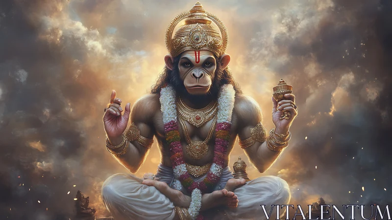 Radiant Hanuman deity sits in celestial golden storm clouds