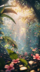 Volumetric sunrise filtering through dense tropical understory.