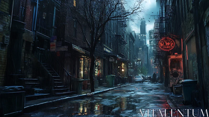 Rain-soaked neon alley frames distant city skyline at dusk
