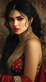 Regal woman in red sari gazes softly in warm light.