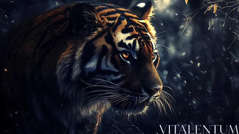 Profile view of tiger in dark forest environment at dusk.