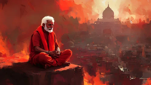 Saffron robed sage quietly cradles a burning cityscape