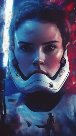 Armored space warrior portrait framed by red and blue light