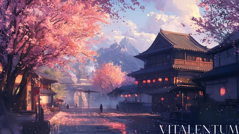 Lantern-lit sakura street drifting toward misty temple dusk.