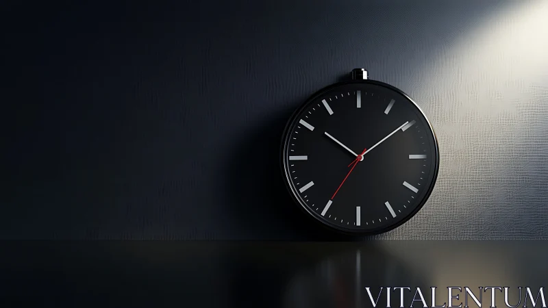 Black wall clock under focused light on dark surface.
