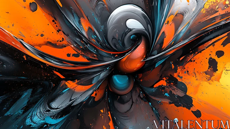 Abstract vortex of swirling orange, teal, black, and gray paint