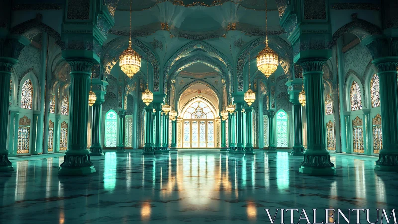 Opulent turquoise palace hall glows in ethereal golden light.