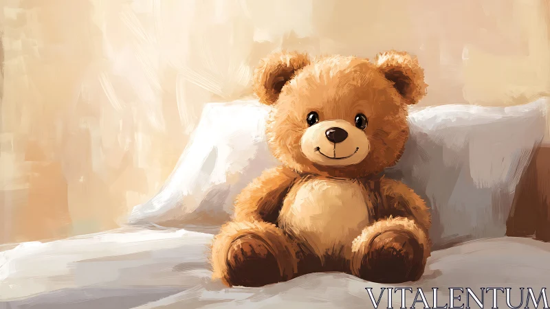 Teddy bear on bed in softly lit room, digital painting.