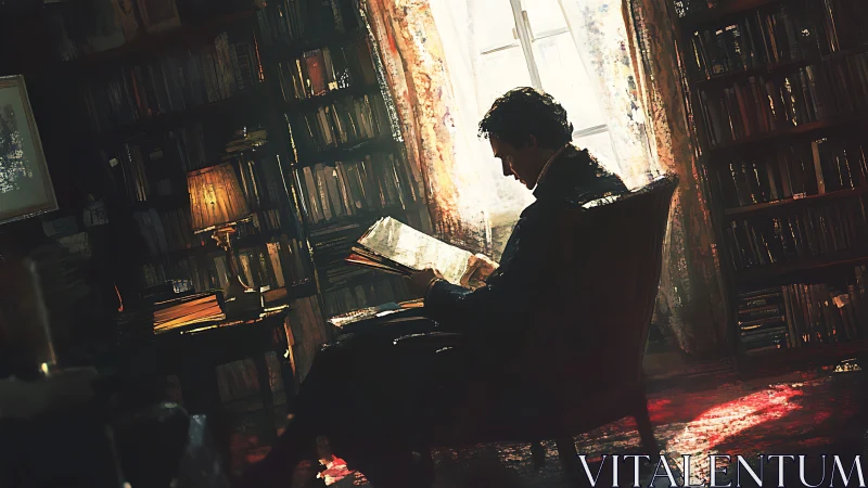 Solitary reader studies quietly in a sunlit vintage library