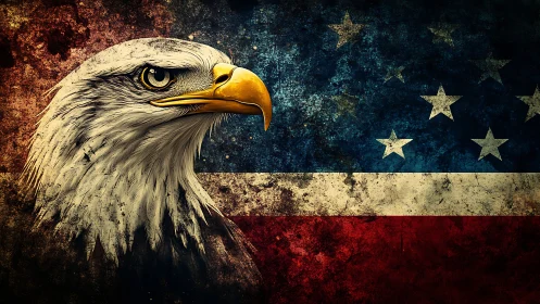 Bald eagle profile against weathered United States flag.