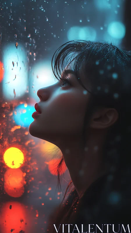 Neon-lit profile portrait against rain-streaked city window.