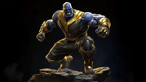 Armored titan crouches in dynamic battle-ready stance.