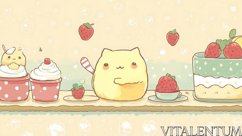 Strawberry Dreams: Cheerful Cat's Sweet Shelf Scene.