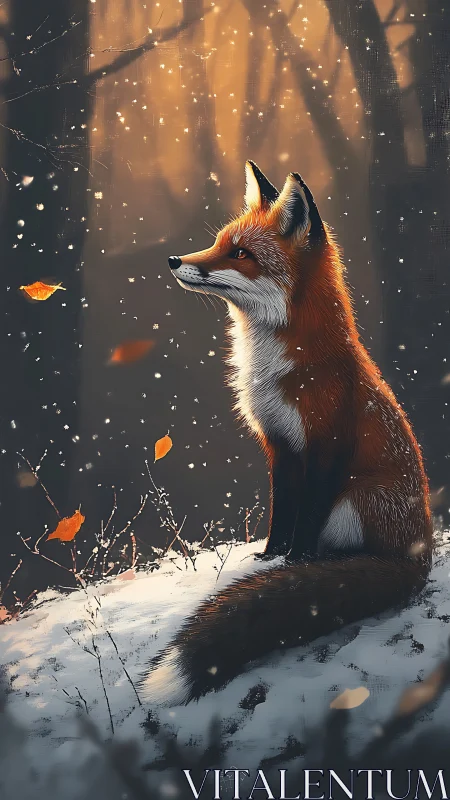 Gentle fox enjoys quiet snowfall in a glowing winter forest