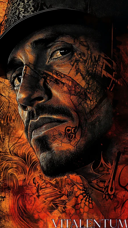 Ember-lit portrait etched with urban runes and burning memory.