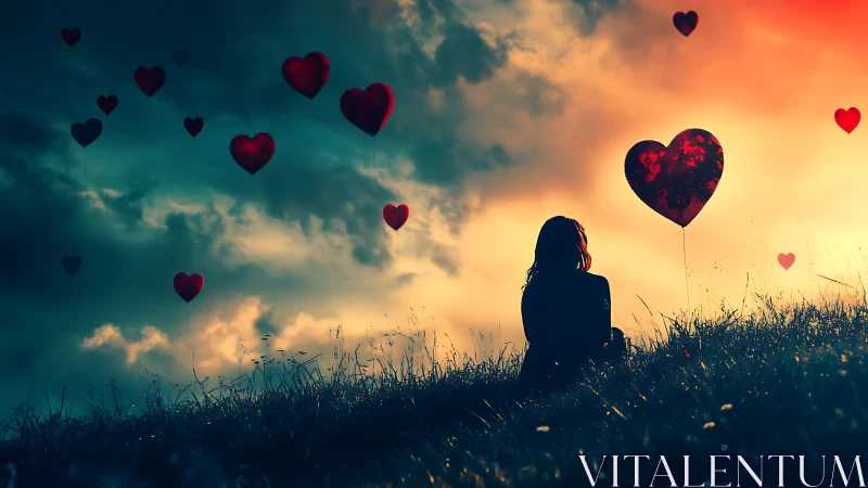 Silhouetted figure in meadow surrounded by floating heart shapes