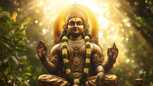 Radiant forest deity sculpture under volumetric sunlight beams.