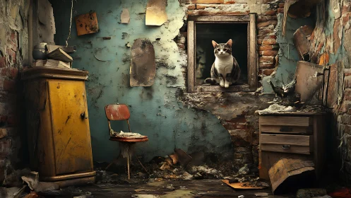 Cat in decayed room framed by weathered window and cluttered ruin.